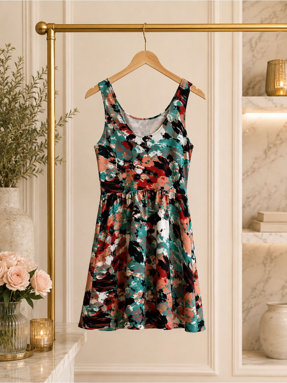 Love Ady Womens Small Abstract Print Fit Flare Stretch Dress to Made USA